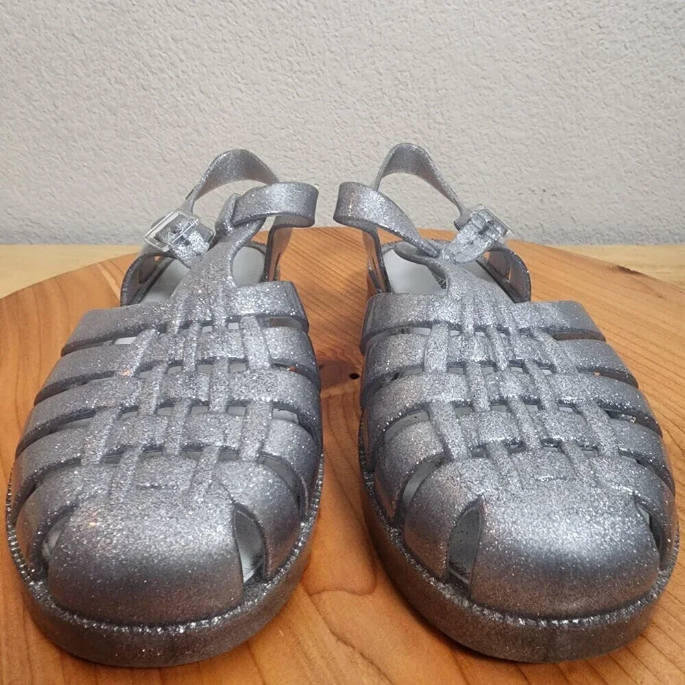 Mini Melissa Sandals Girls Size 3 Silver Glitter Jelly Fisherman Shoes 10GR23BR